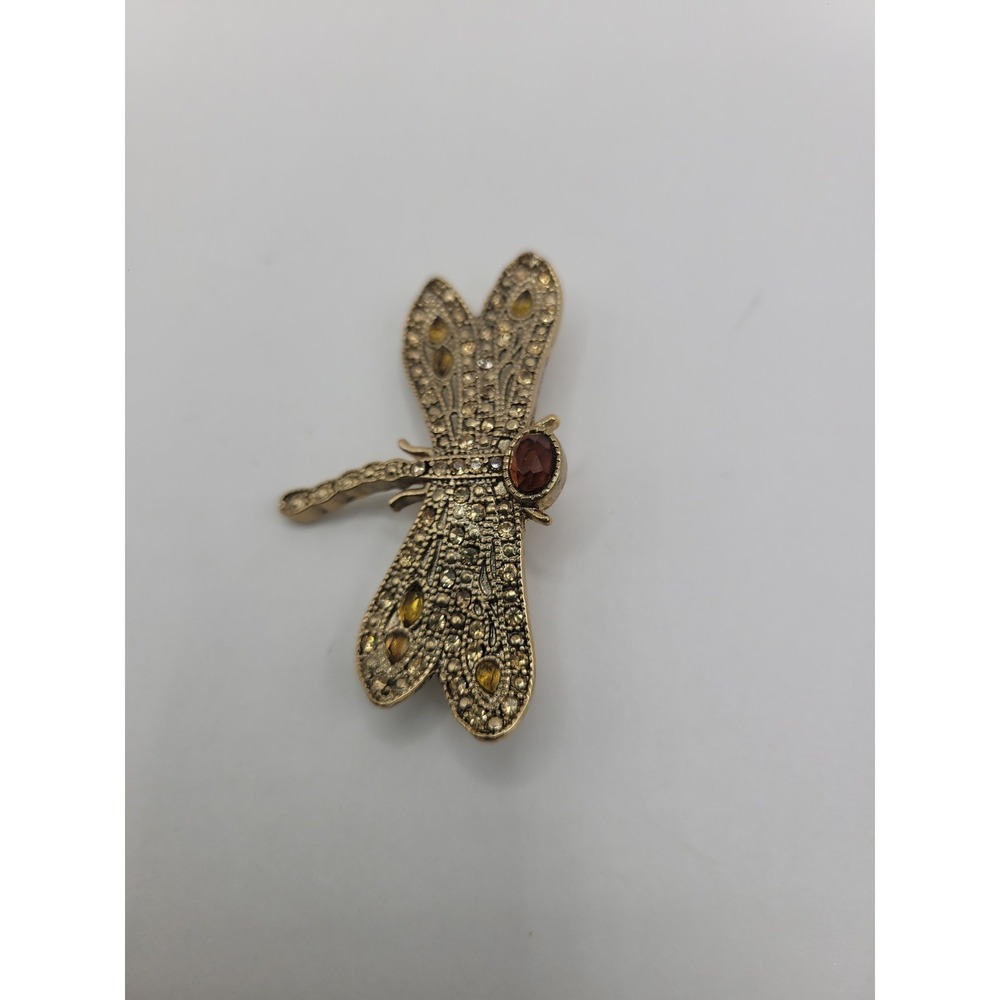 Vintage Monet Dragonfly Brooch Gold Tone Amber Rhinestone Insect Figural Pin Sig - Picture 5 of 12